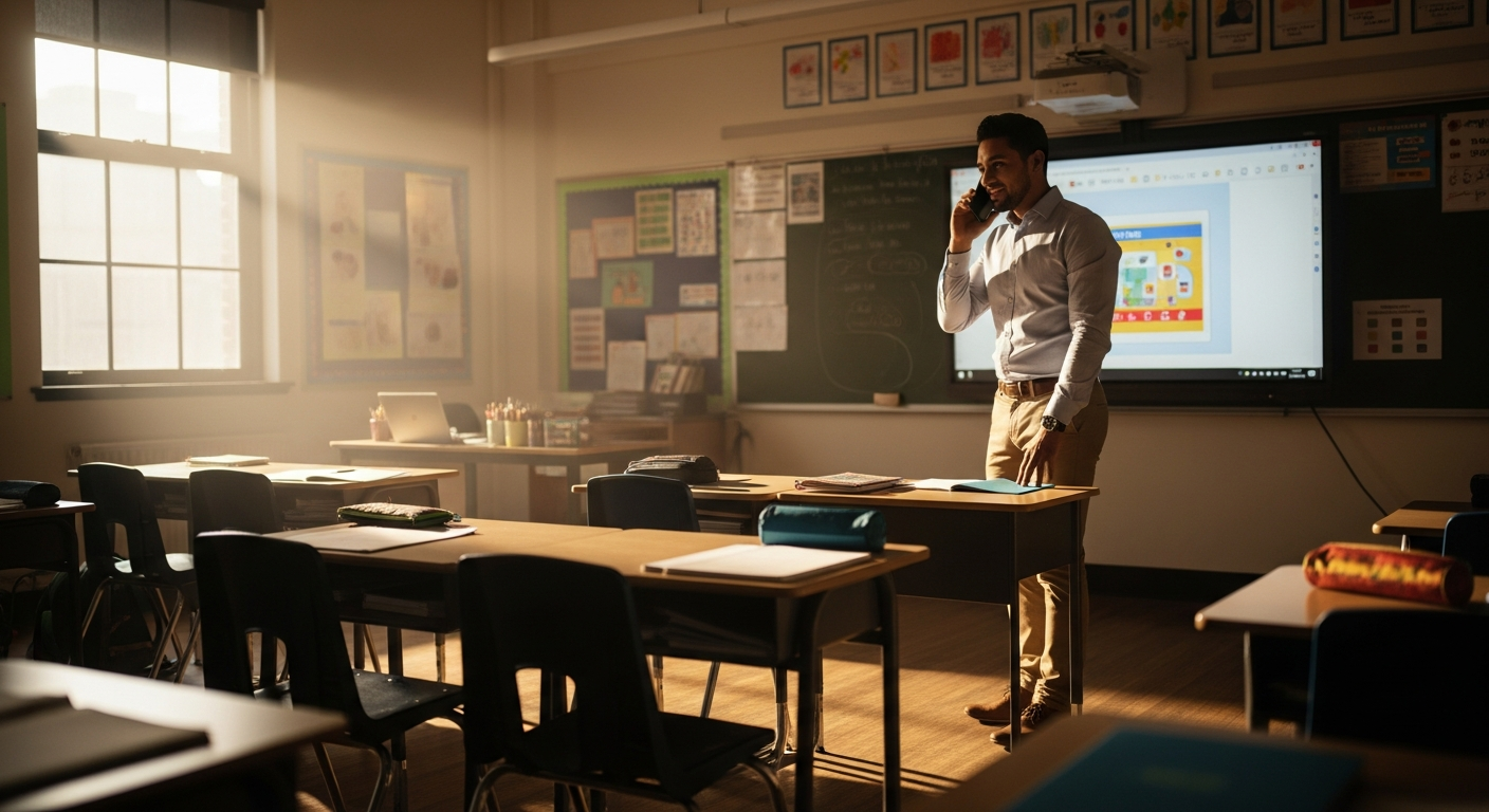 Teacher using phone in classroom